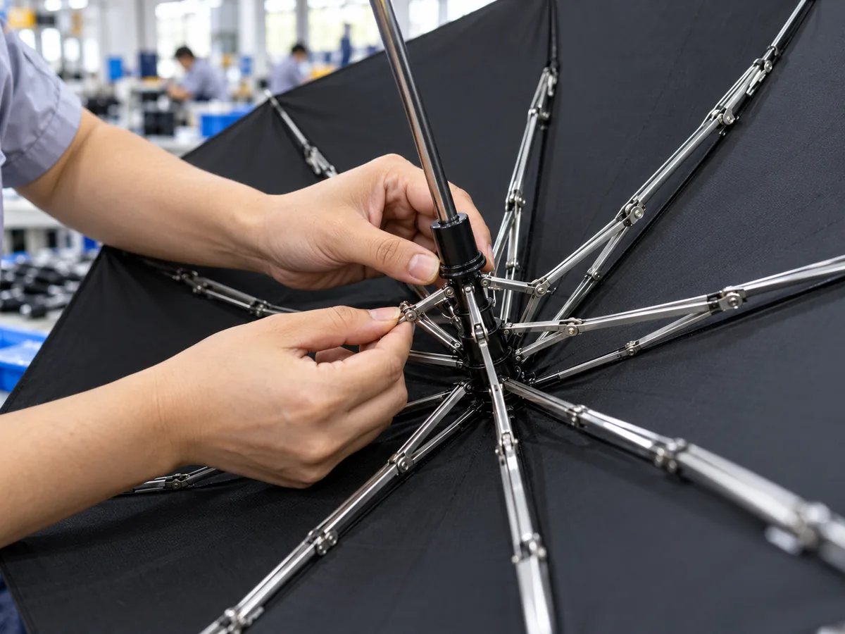 Technician assembling the umbrella frame